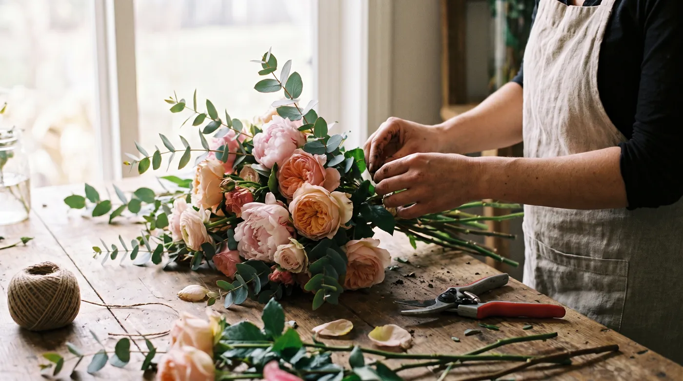 Florist arranging a mixed bouquet on a wooden workbench