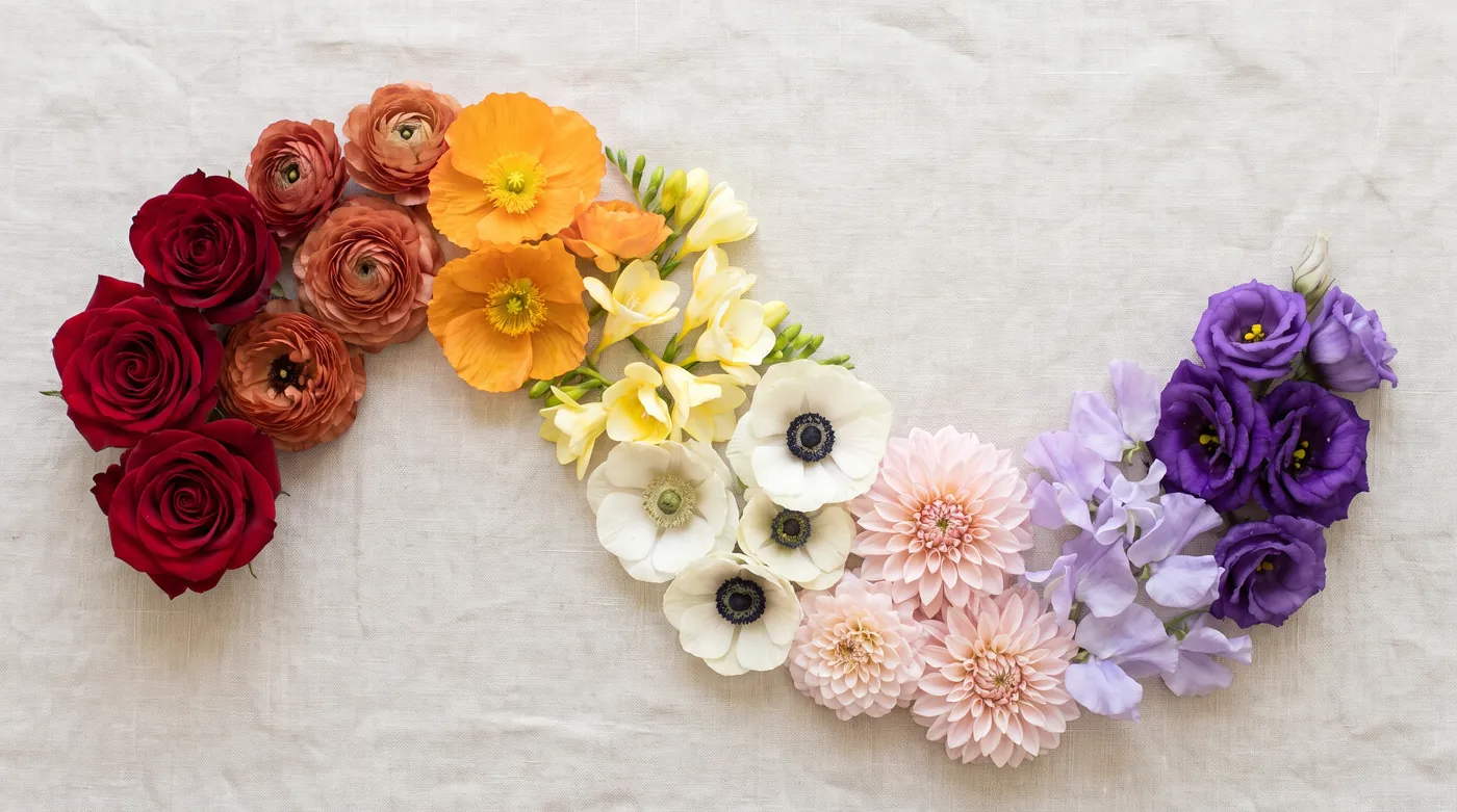Fresh flowers laid out in a colour spectrum on pale linen