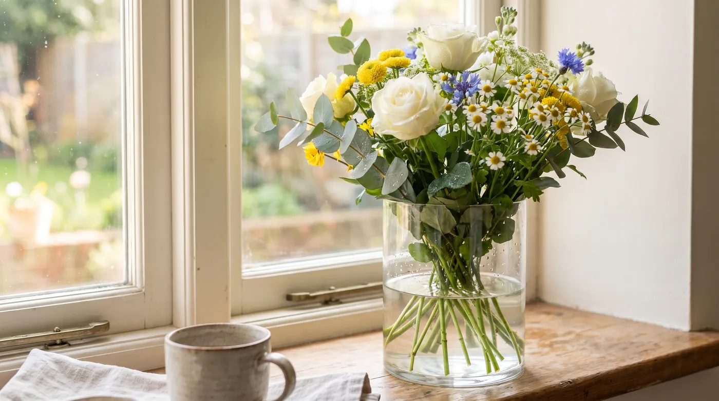 A fresh bouquet in a clear glass vase on a sunny windowsill