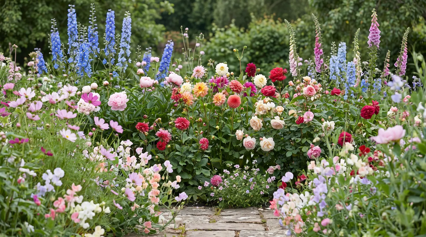 A deep cottage garden border of delphiniums, peonies, dahlias and roses in full summer flower
