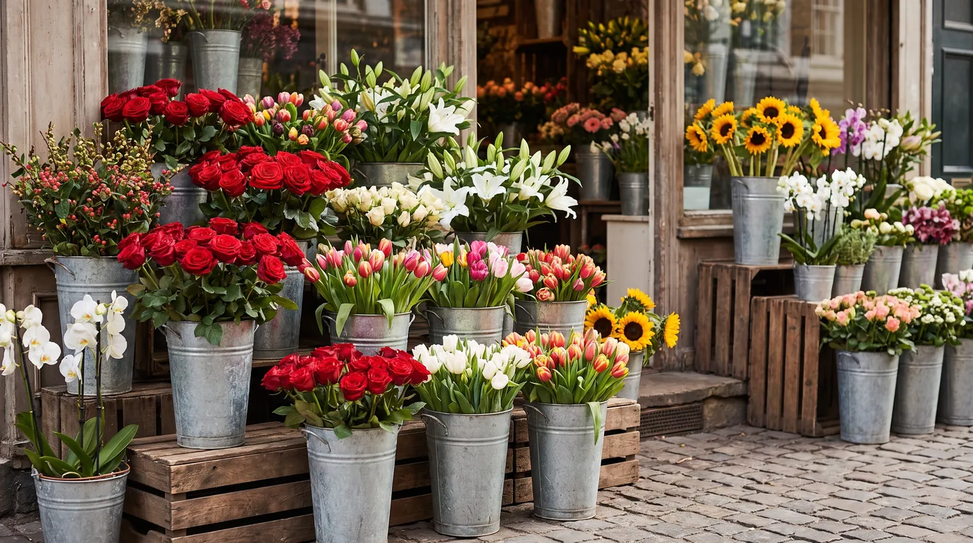 Roses, tulips, lilies, sunflowers and orchids in a flower shop display