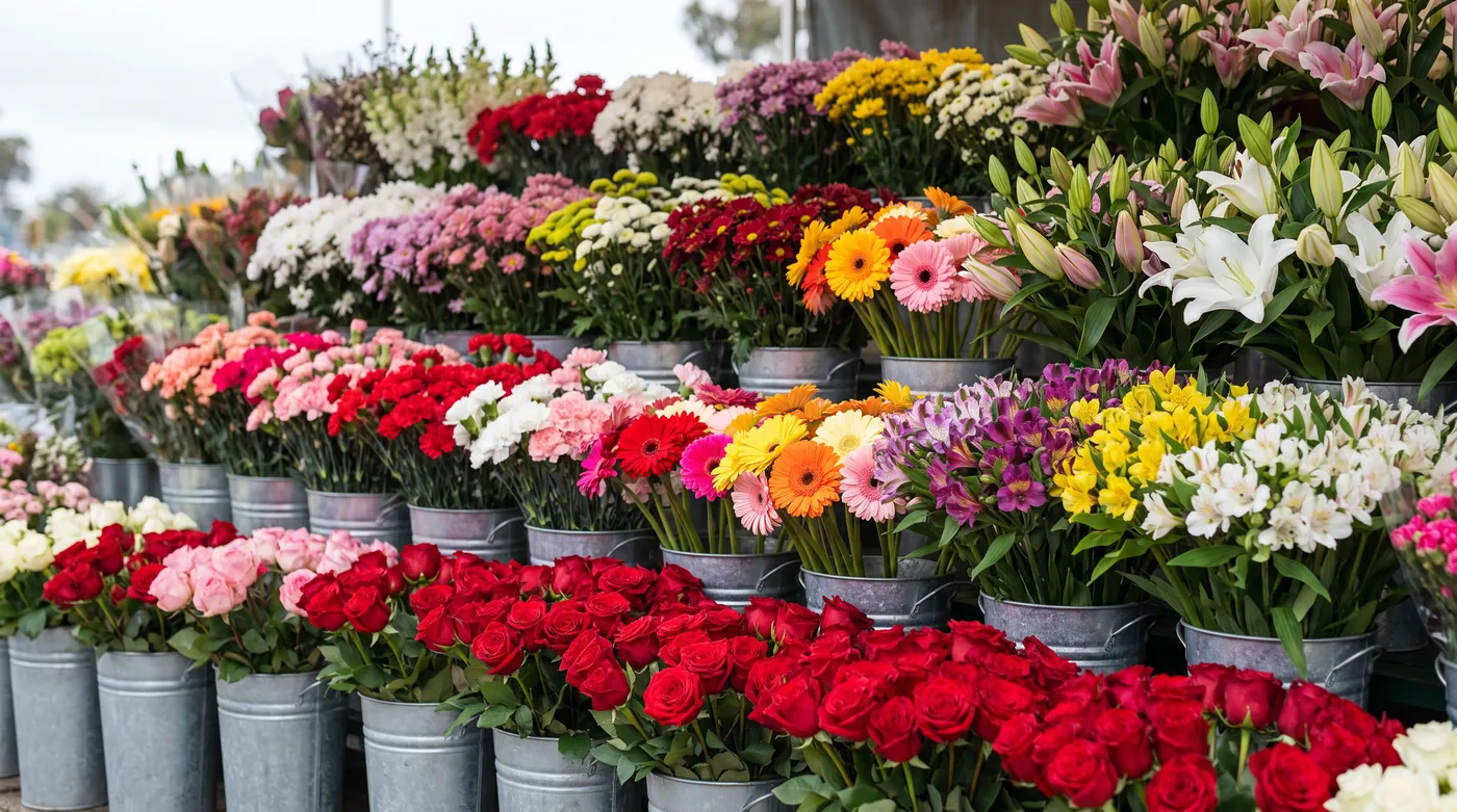 An American flower market stall filled with buckets of roses, carnations, chrysanthemums and lilies