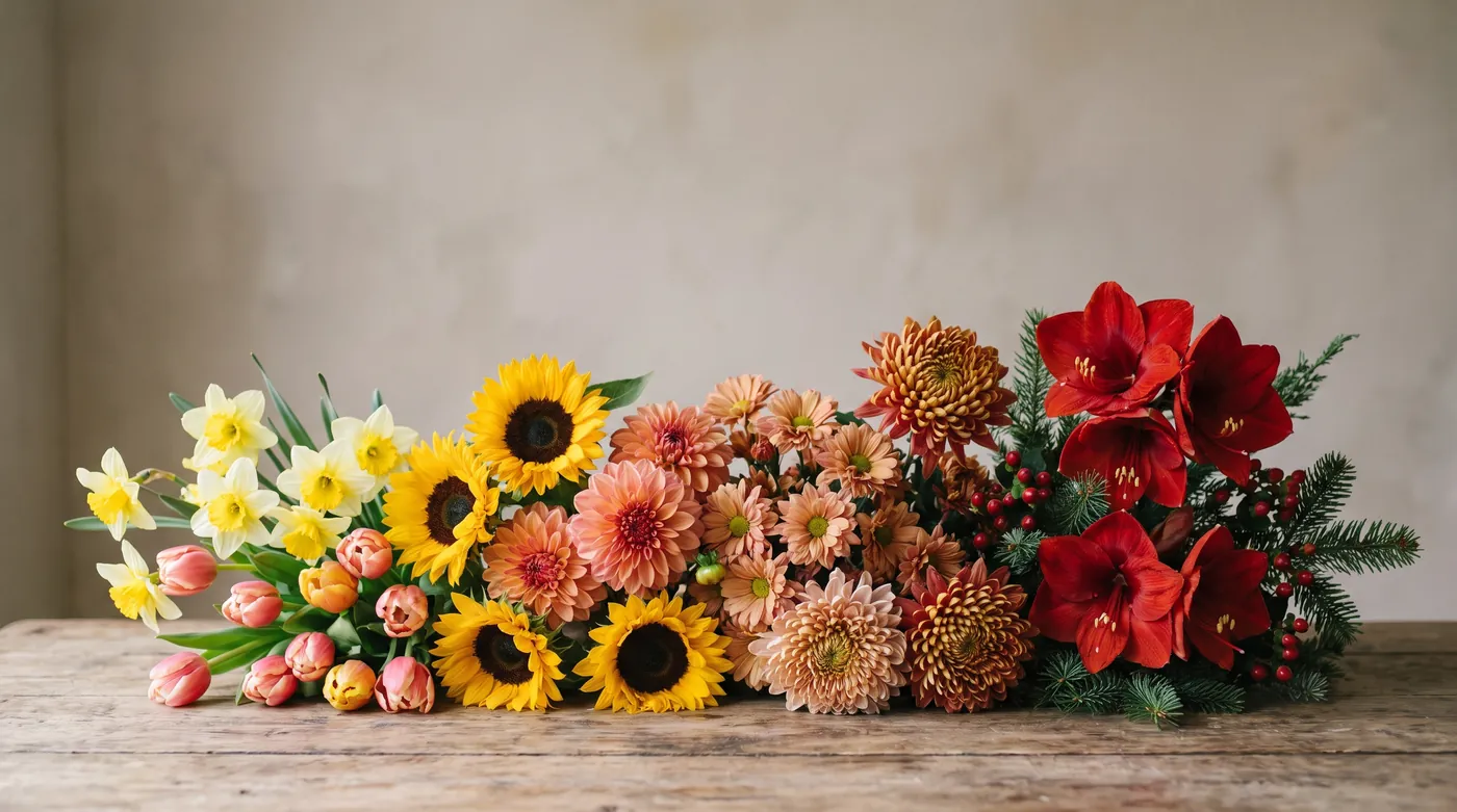 Flowers of all four seasons arranged side by side