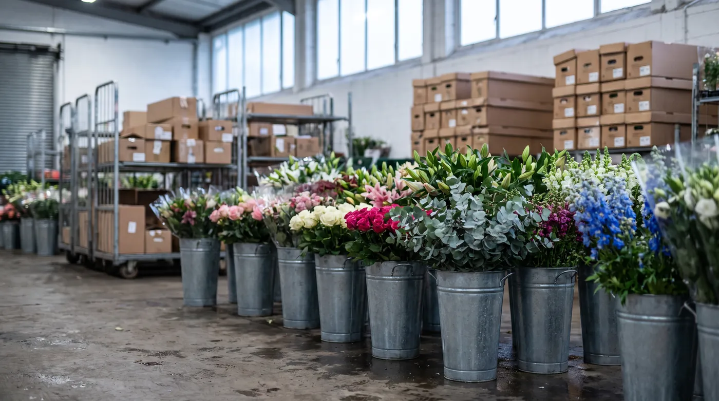Buckets of cut flowers lined up on the floor of a flower wholesaler at dawn
