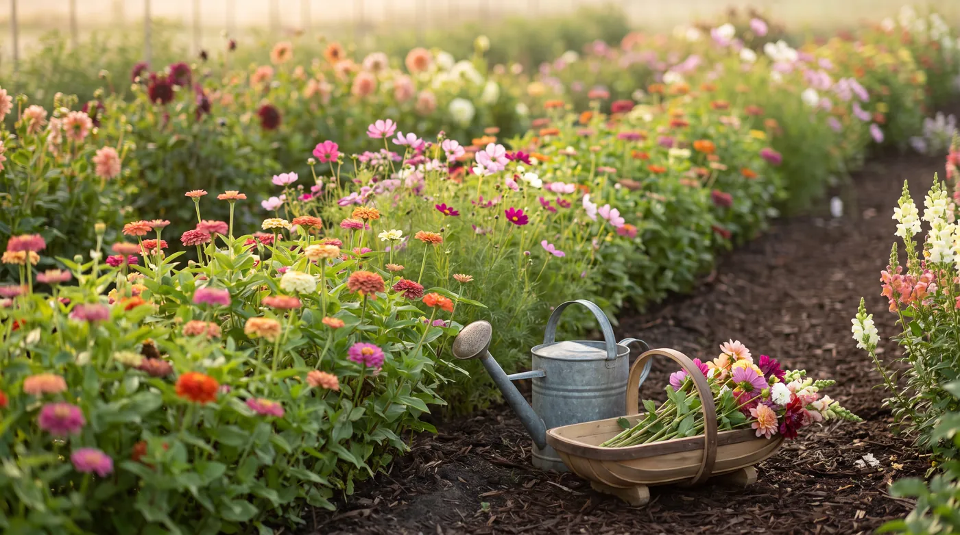 A summer cutting garden bed with a trug of cut stems at the end of the row