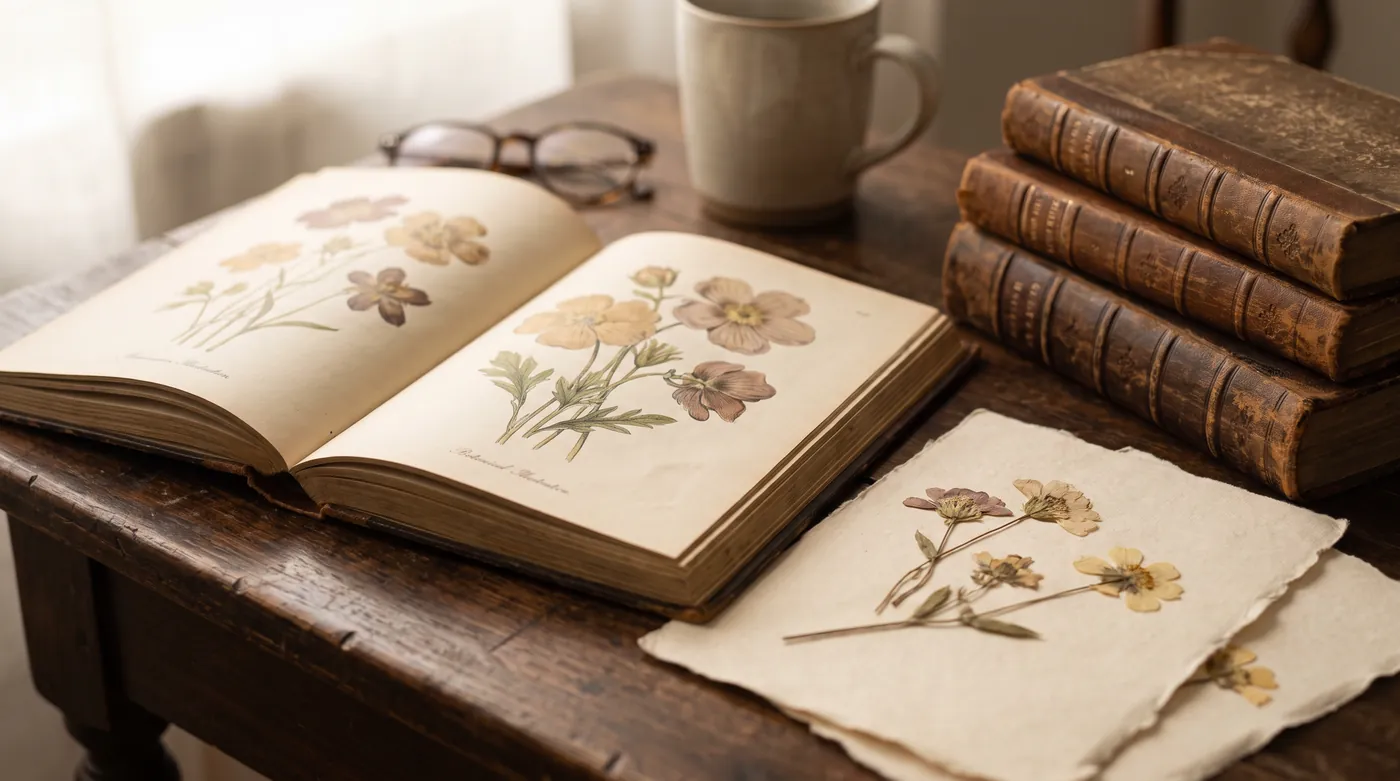 An antique botanical illustration and old books with pressed flowers
