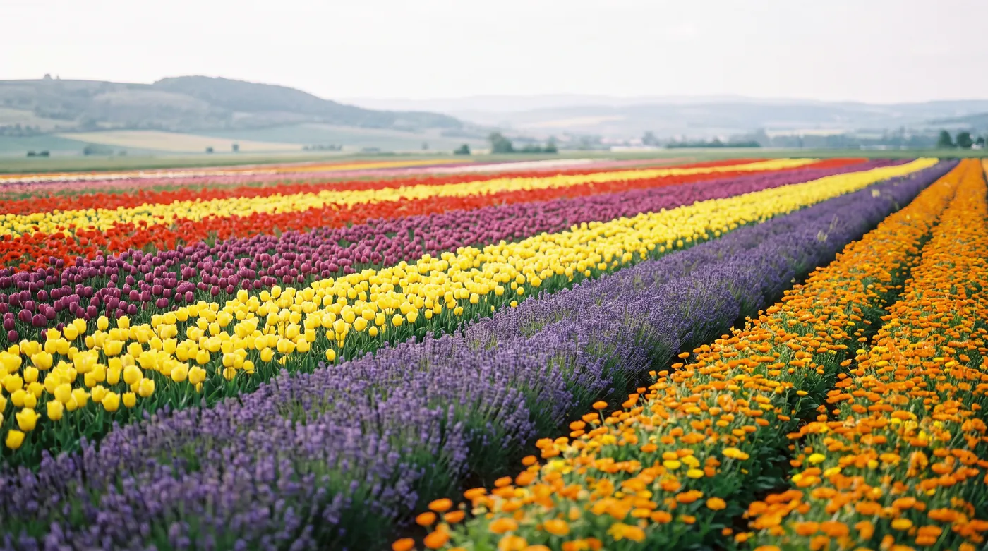 Bands of commercial flower fields stretching toward distant hills