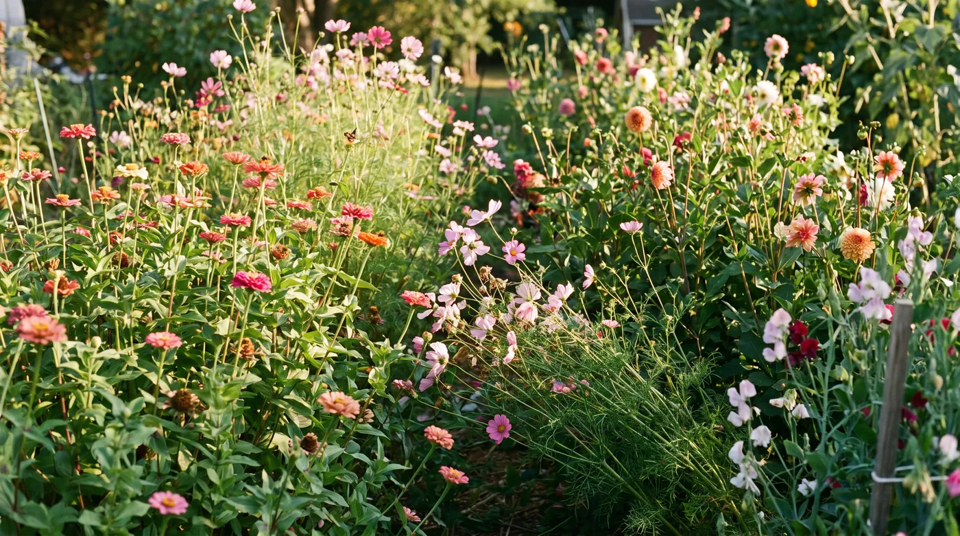 A small backyard cutting bed of zinnias, cosmos and dahlias in summer
