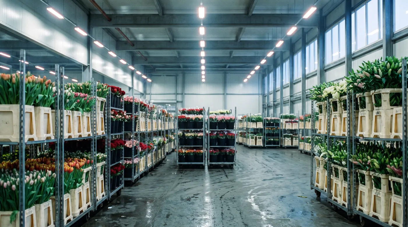 Rows of trolleys stacked with cut flowers in a vast auction warehouse