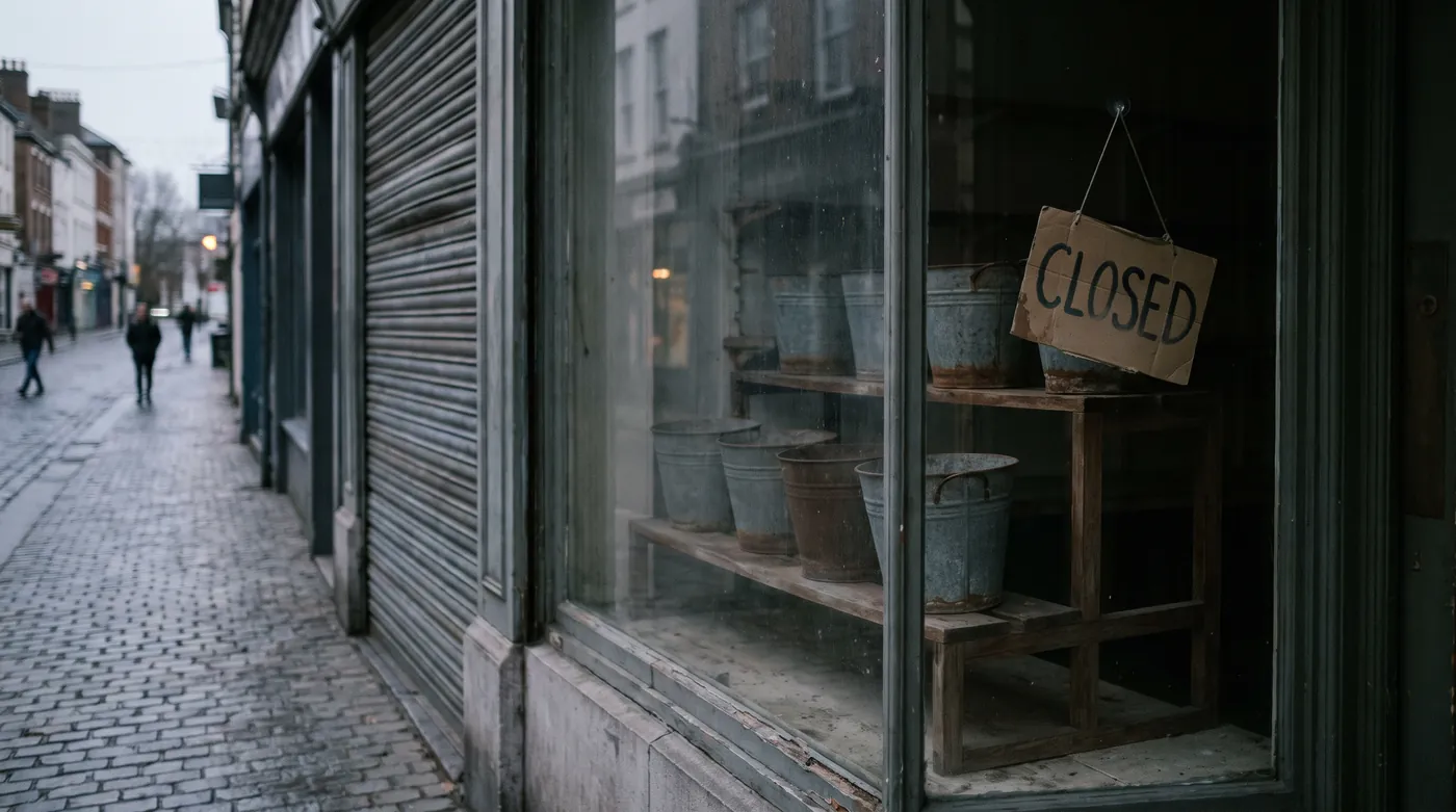 The dark window of a closed independent flower shop at dusk