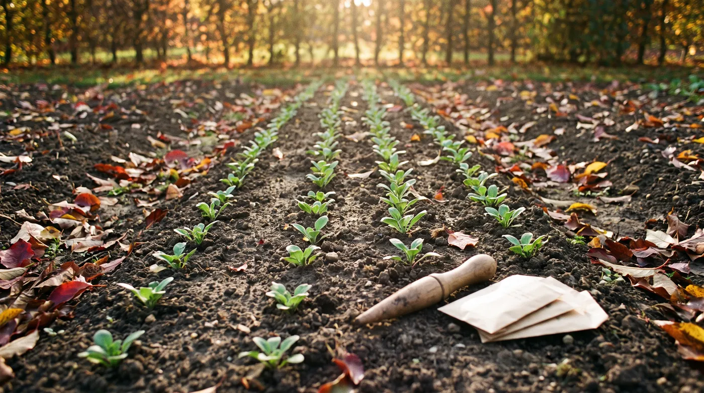 Rows of small hardy annual seedlings in a bare autumn garden bed