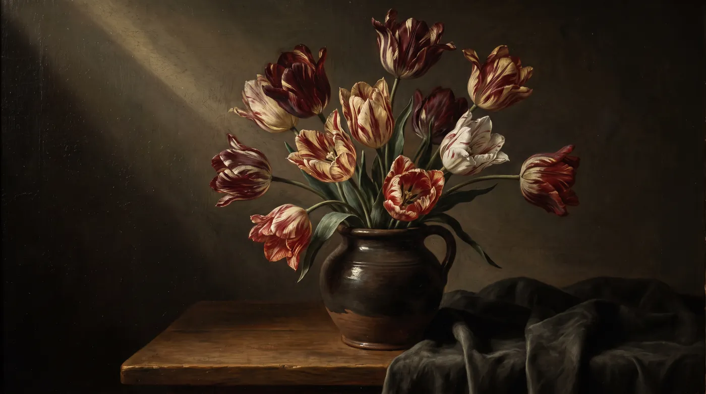 Striped and flamed tulips arranged in a dark vase in old master style
