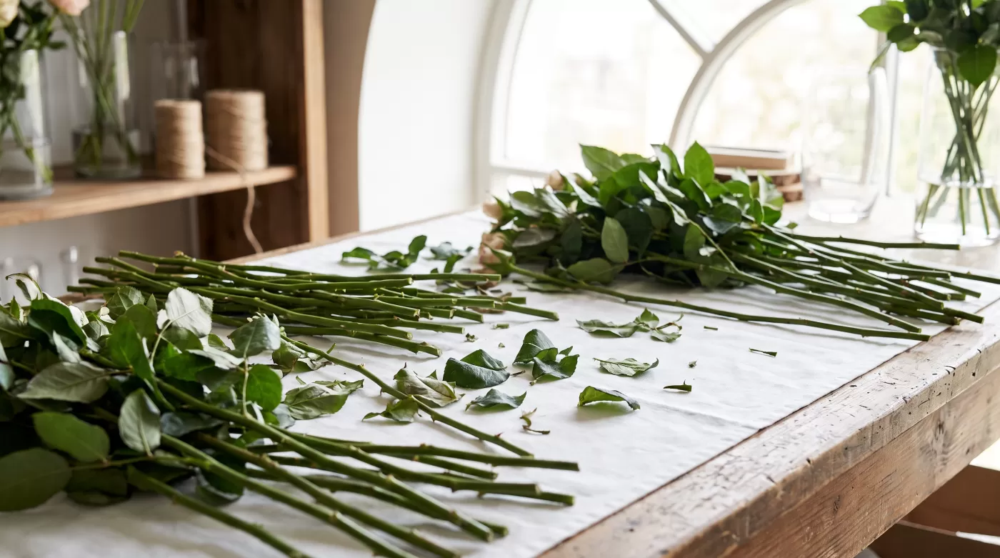 Close-up view of fresh rose stems on a clean florist work table, some stems fully leafed, others with leaves stripped away showing bare green stems, scattered rose leaves on the white surface, profess