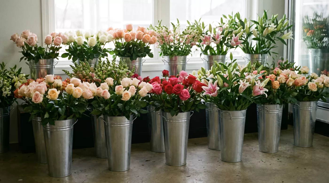 Wide horizontal photograph of multiple silver metal florist buckets with flared tops arranged in rows on a concrete floor, filled with fresh flower stems including roses and lilies, shot from a slight
