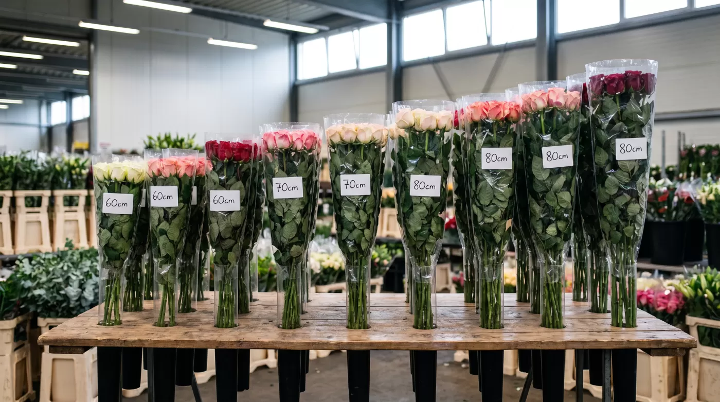Bunches of long-stemmed roses arranged vertically in clear plastic sleeves on a wholesale flower market table, sorted by height with visible grade labels showing different centimeter measurements, pro
