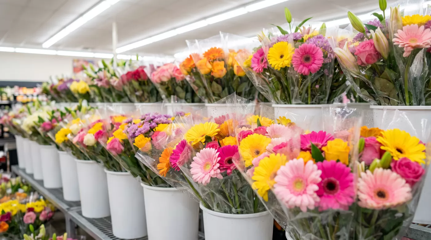 Tight bunches of mixed fresh flowers wrapped in clear plastic sleeves standing upright in white buckets in a supermarket floral display, bright overhead lighting, vivid pinks and yellows, condensation