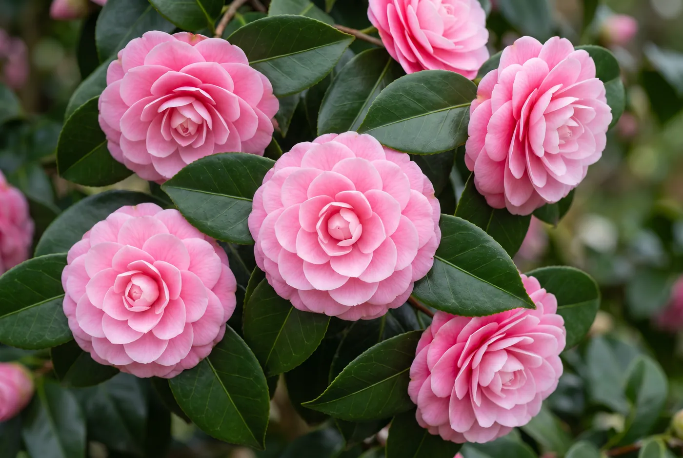 Formal pink camellia flowers against glossy dark leaves