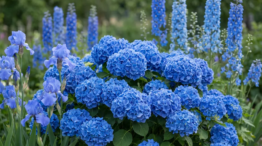 Blue Flowers massed together, including Blue Hydrangeas