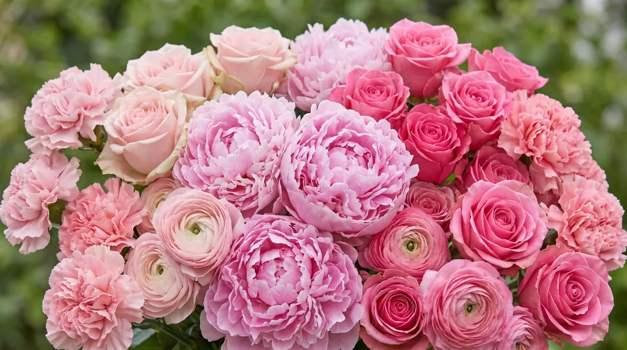 Pink Flowers massed together, including Pink Peonies