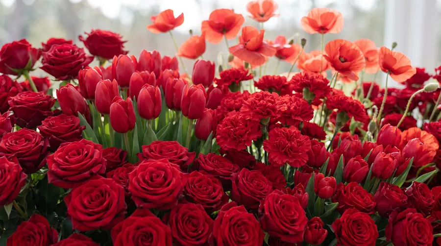 Red Flowers massed together, including Red Roses