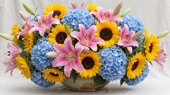 For Drama: Lilies, sunflowers, hydrangeas