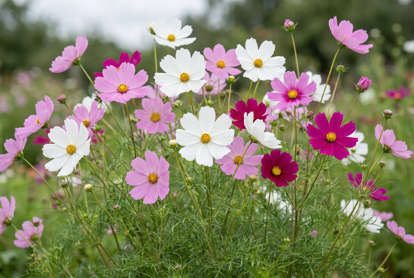 Pink and white cosmos flowers on fine feathery stems