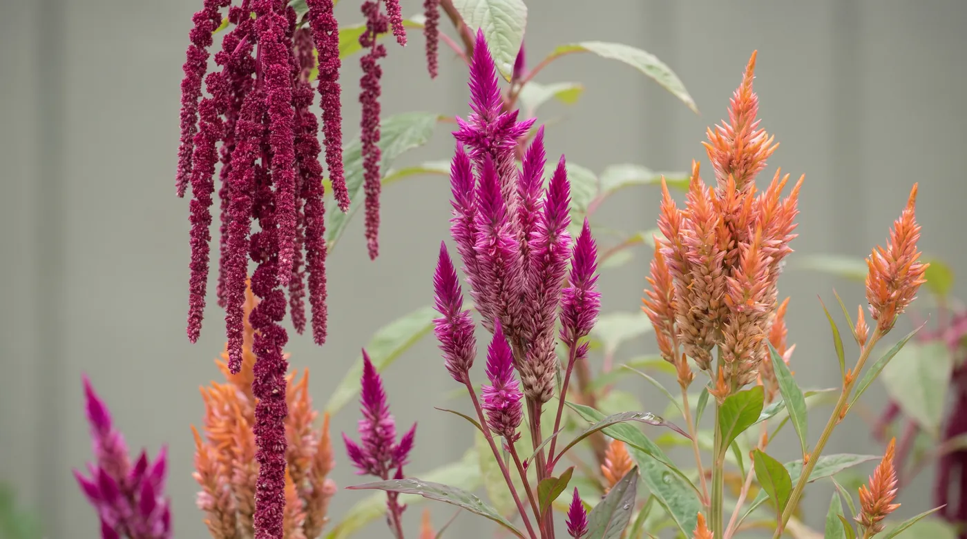 Hanging crimson amaranthus tassels beside celosia plumes