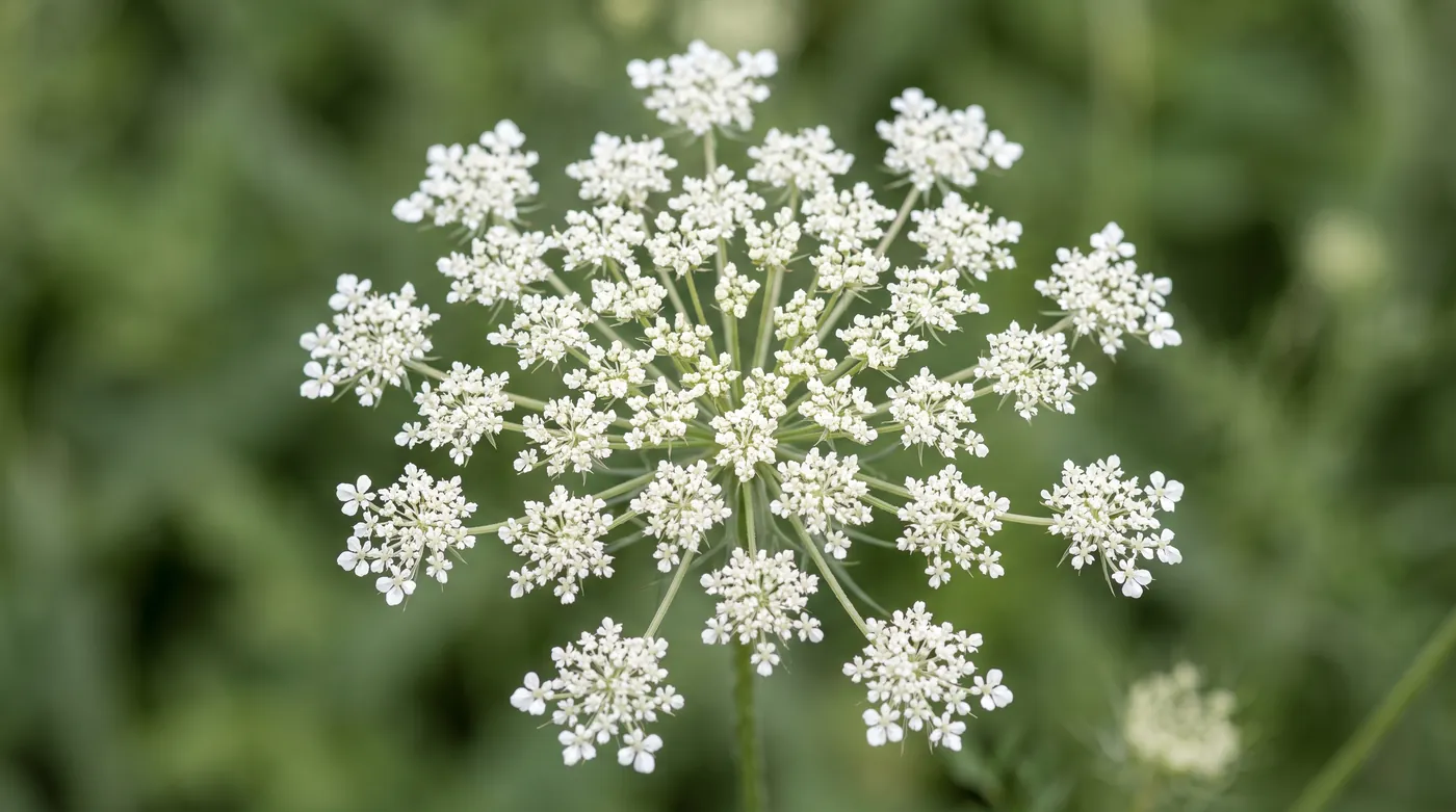 The flat lacy umbel of Queen Anne's lace from above
