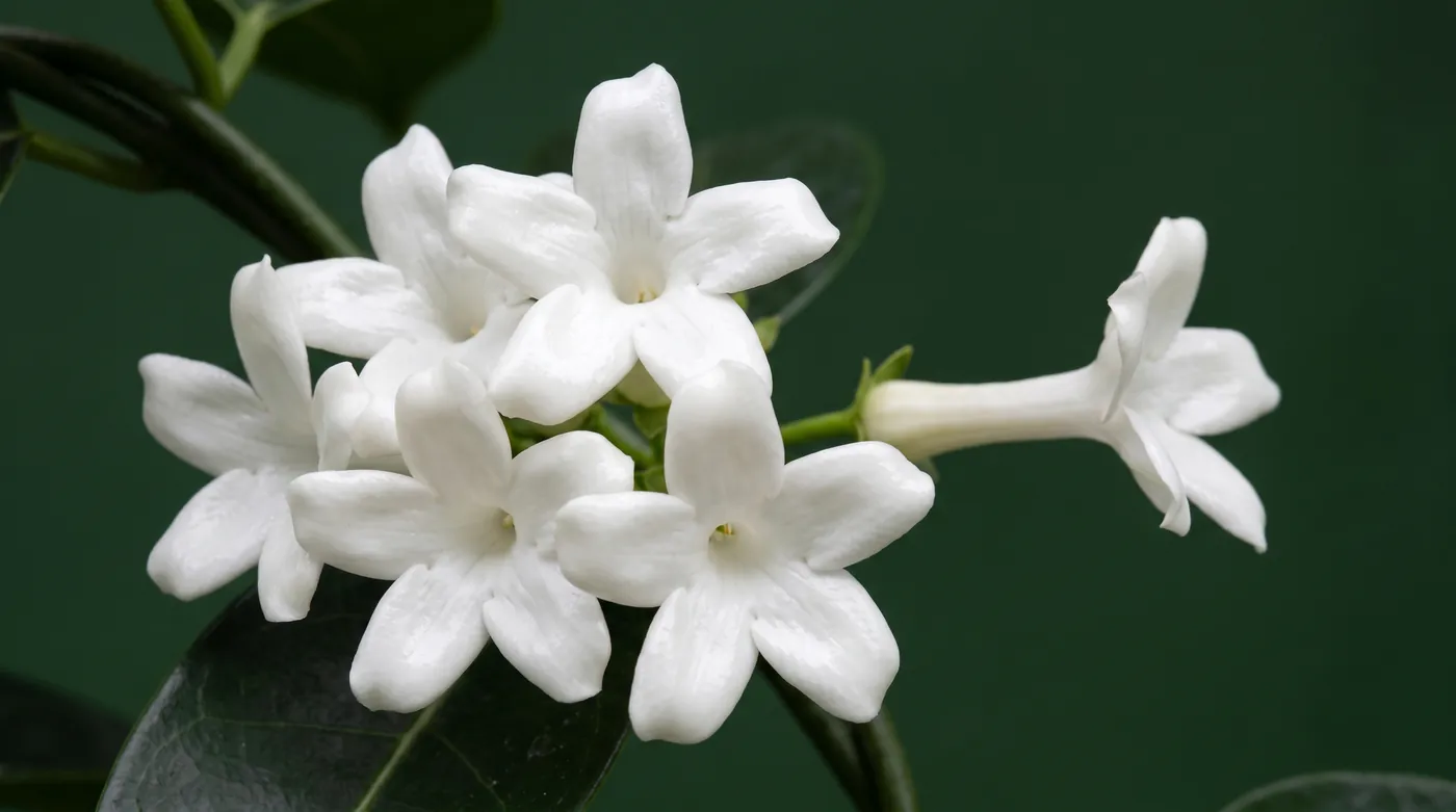 Waxy white star shaped stephanotis flowers on a glossy vine