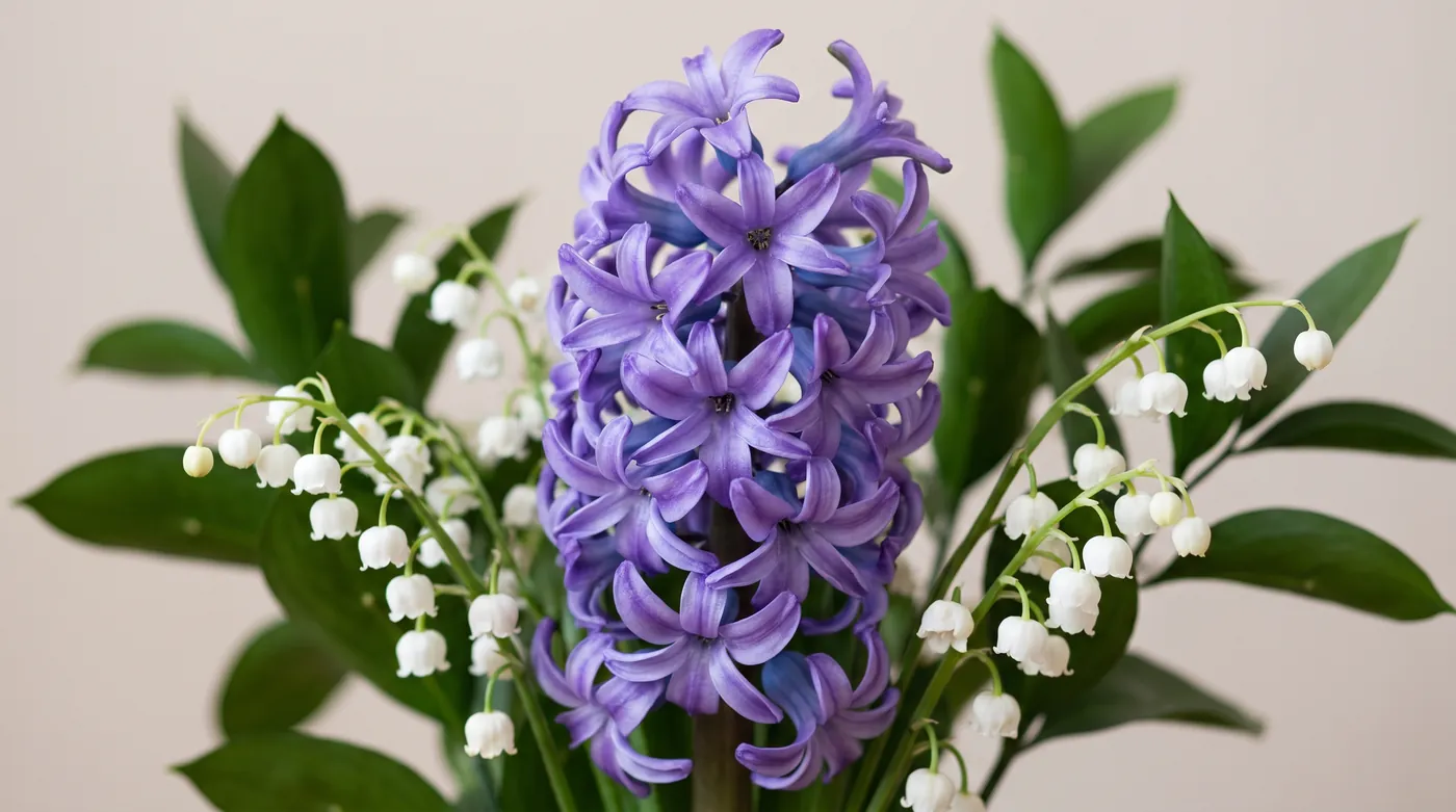 A hyacinth spike with lily of the valley and ruscus