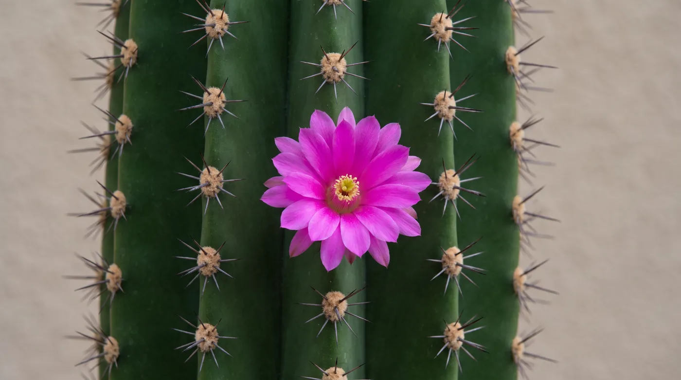 A cactus stem showing spines and a flower emerging from areoles