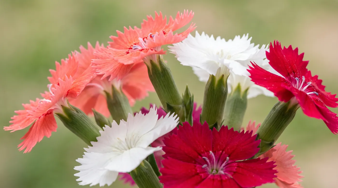 Dianthus and carnations showing fringed petals and ribbed calyx