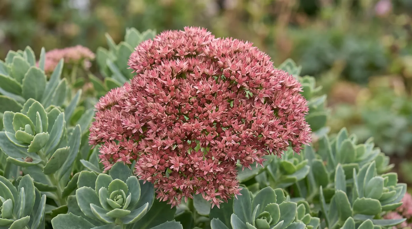A flat sedum head above thick succulent rosettes