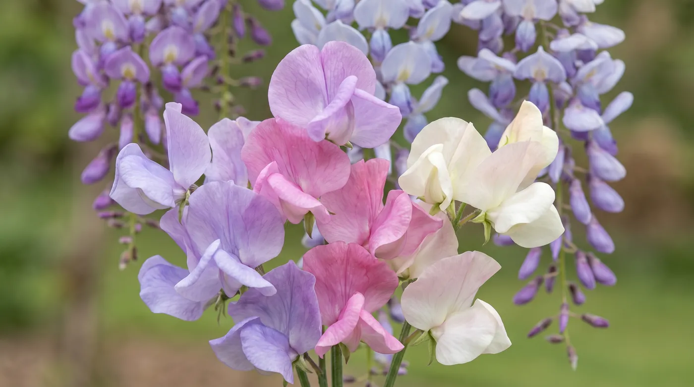 Sweet peas showing the pea flower shape, with wisteria behind
