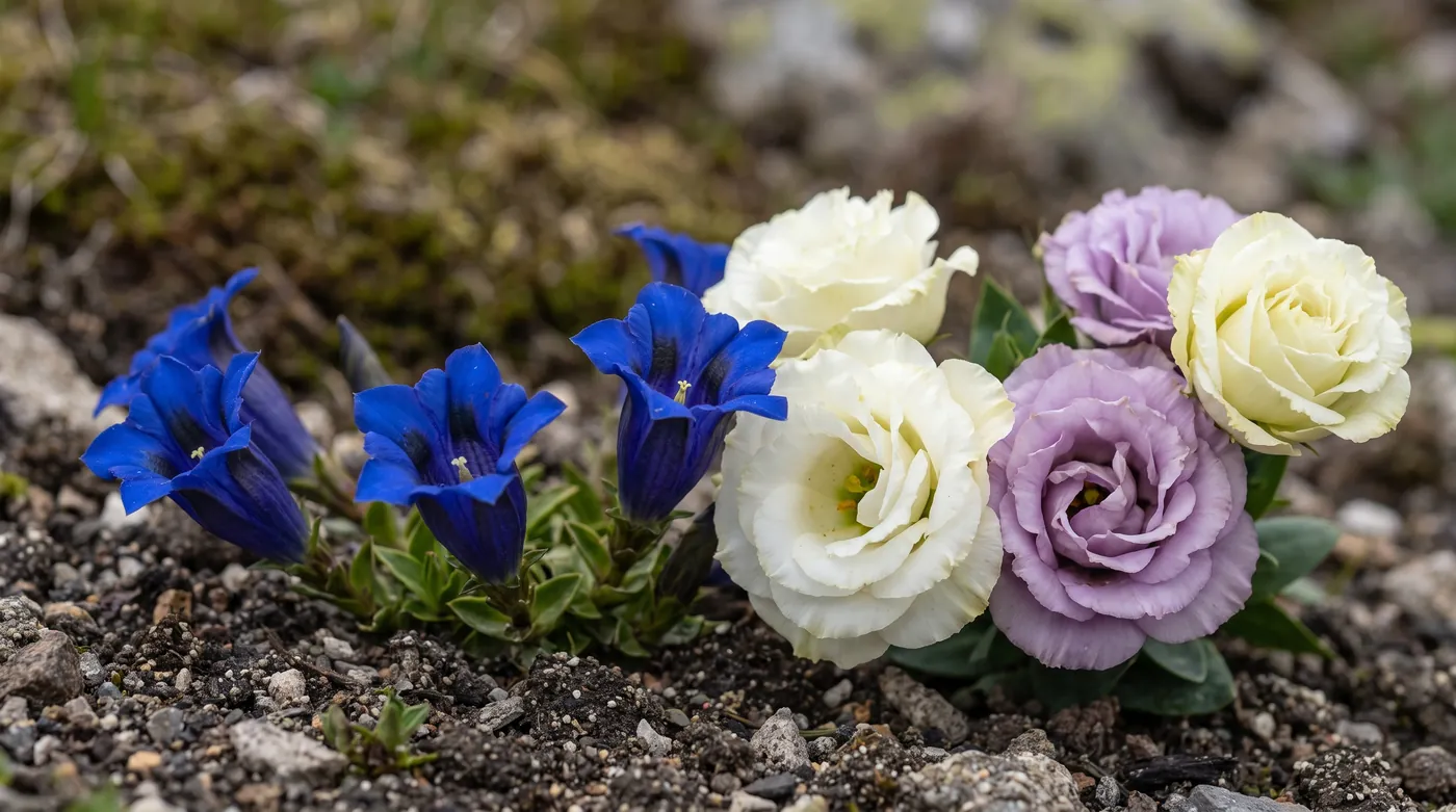 Alpine blue gentians beside layered lisianthus blooms