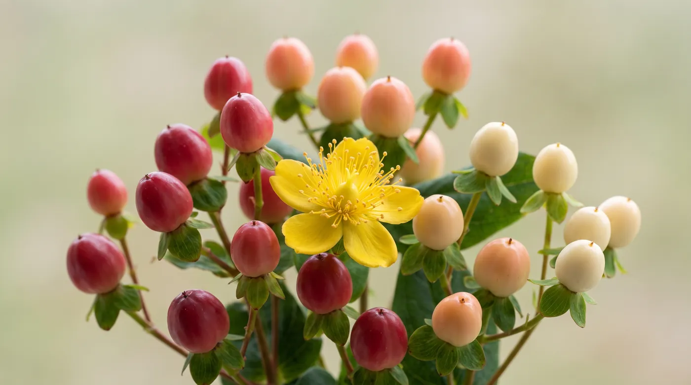 Hypericum berries with a yellow flower showing bundled stamens