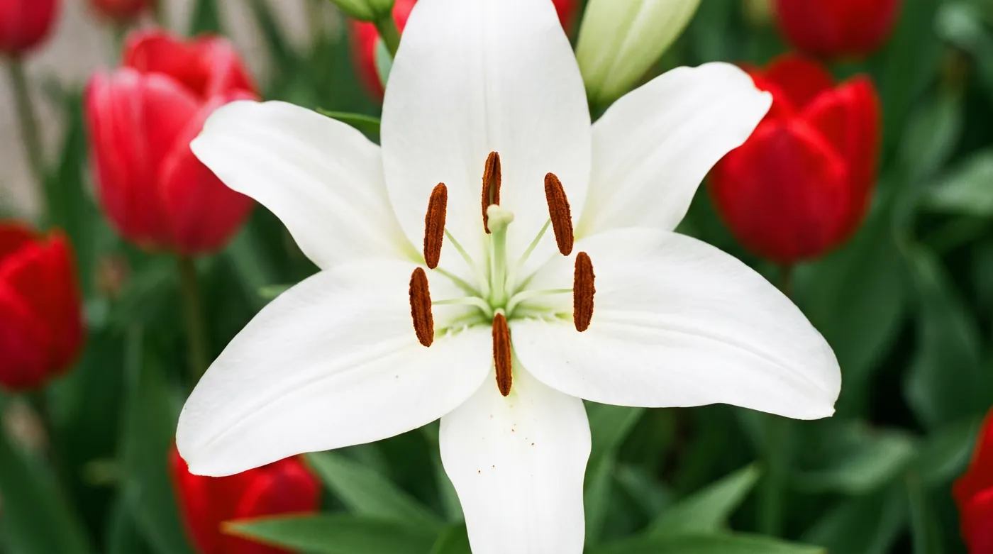 An open lily showing six tepals and six loaded anthers