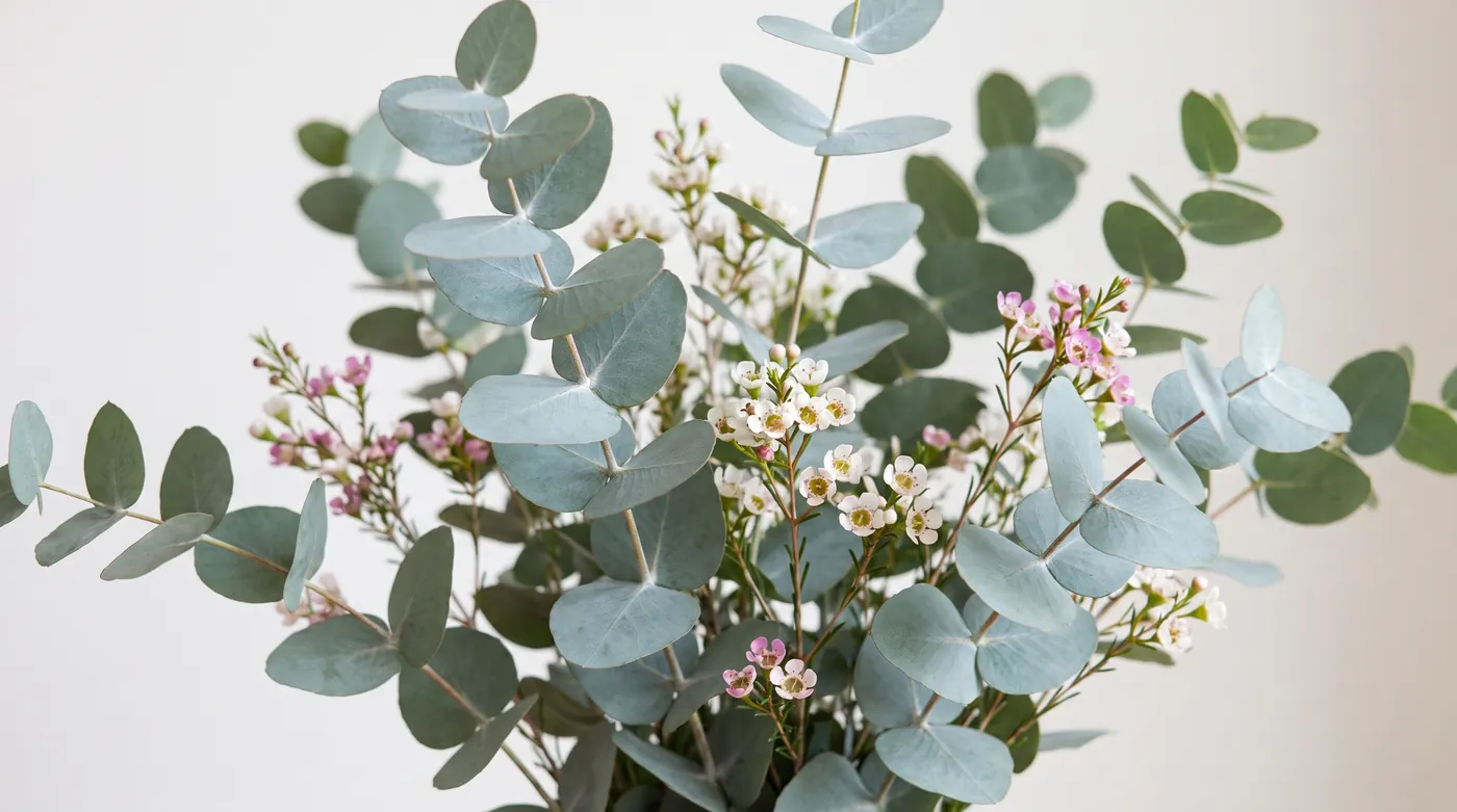 Silver eucalyptus foliage with waxflower sprigs