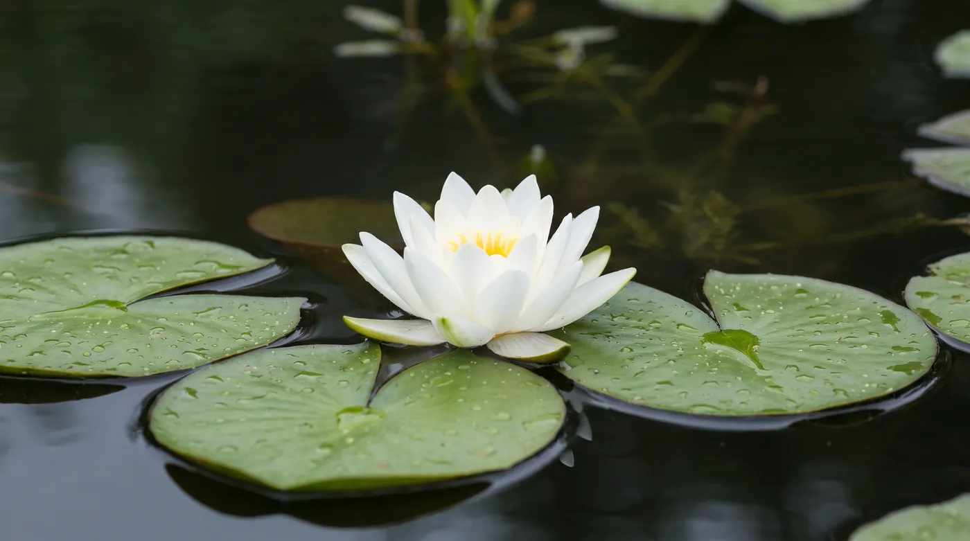 A white water lily open among floating round leaves