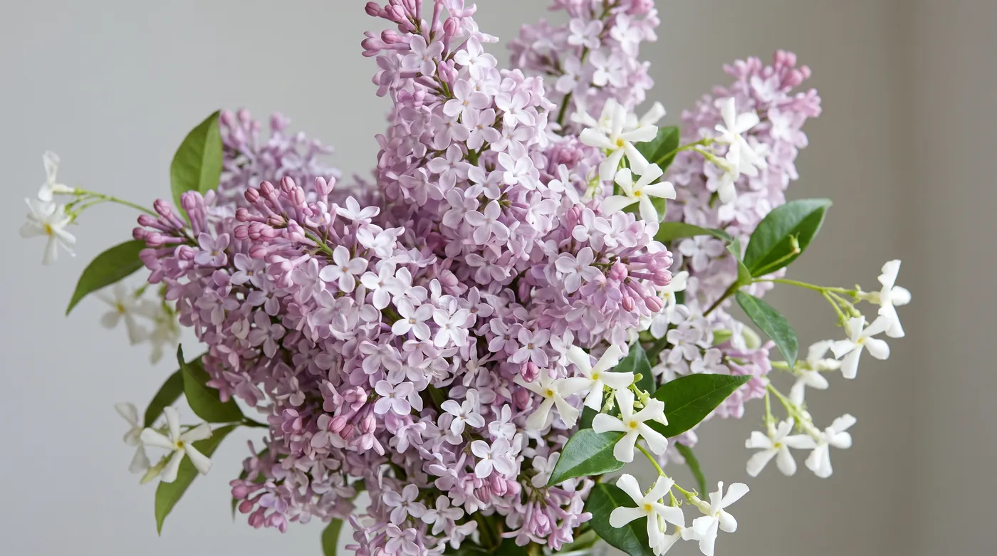 Panicles of lilac with white jasmine sprigs