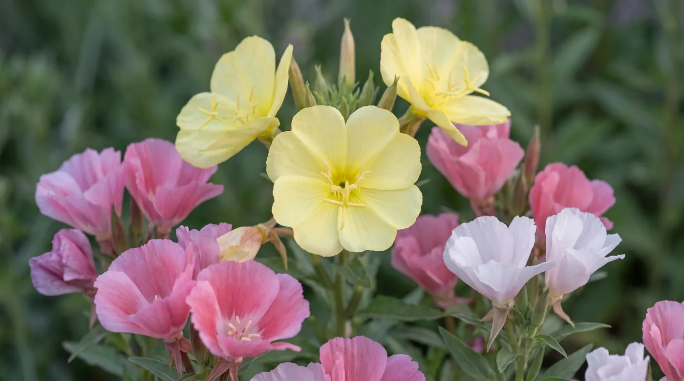 Evening primrose with four petals, beside satin godetia cups
