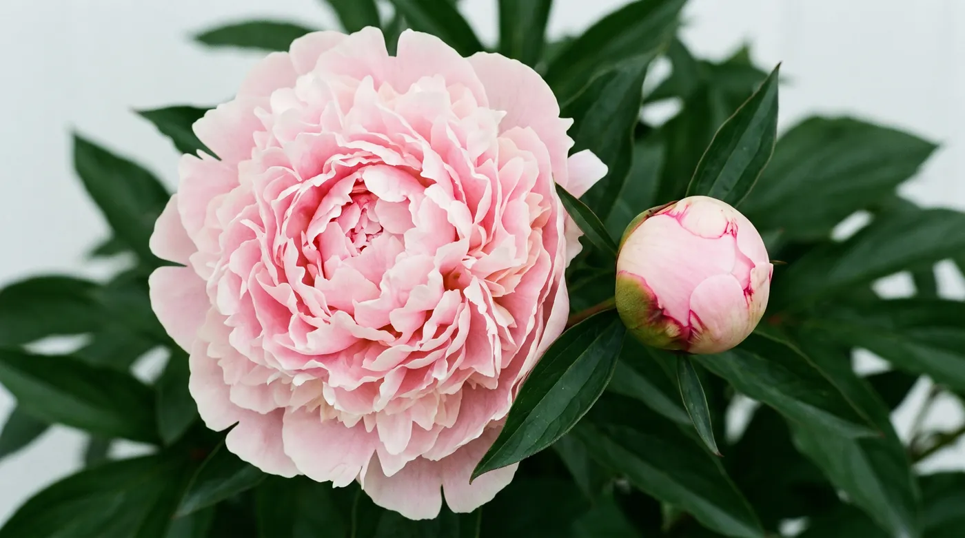 An open blush peony beside a tight unopened bud