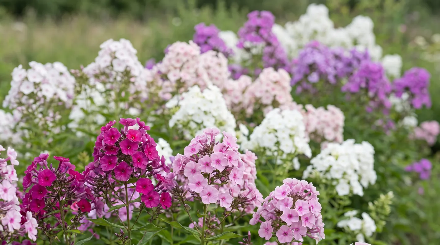 A border of phlox heads, each flower a tube opening to a flat face