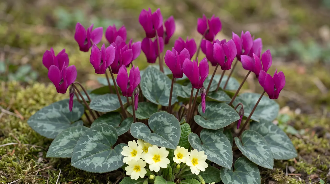 Cyclamen with swept back petals above marbled leaves