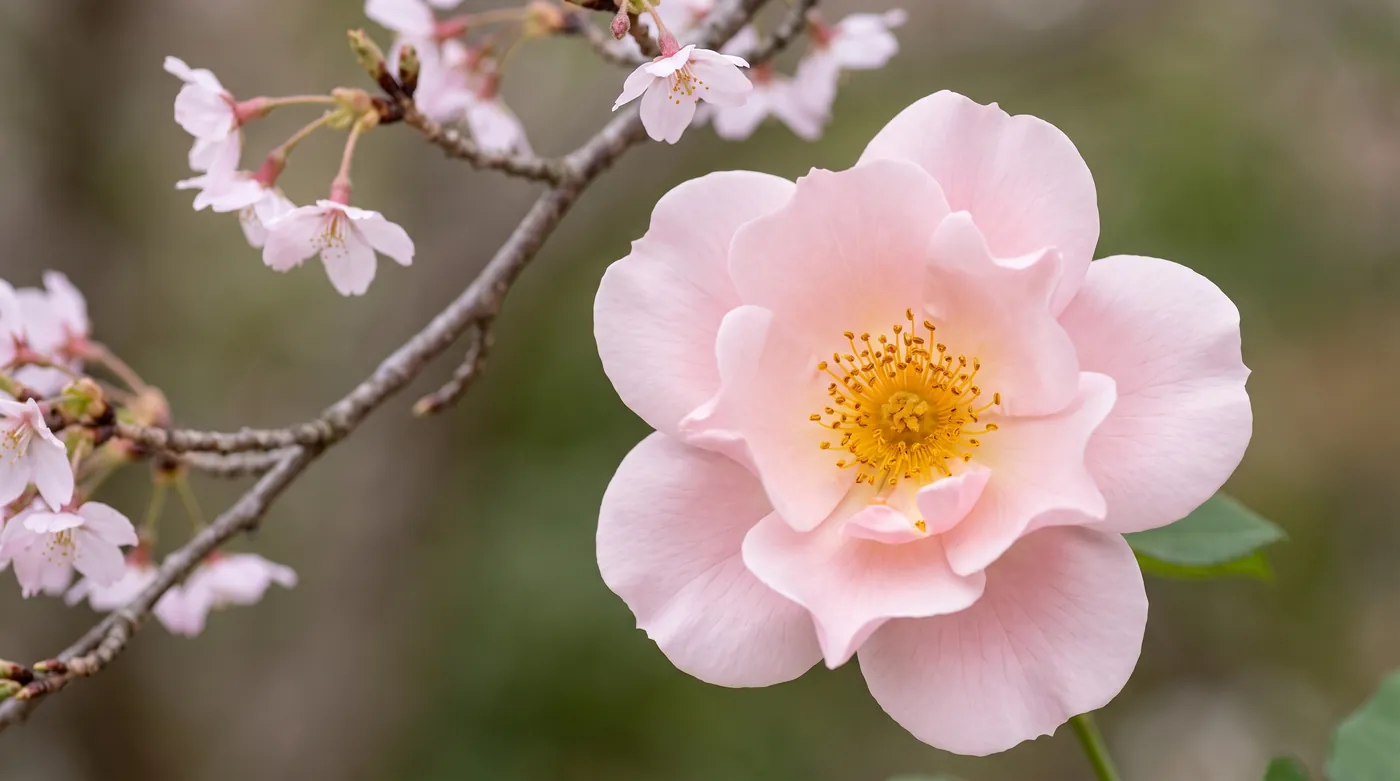 An open garden rose with cherry blossom behind