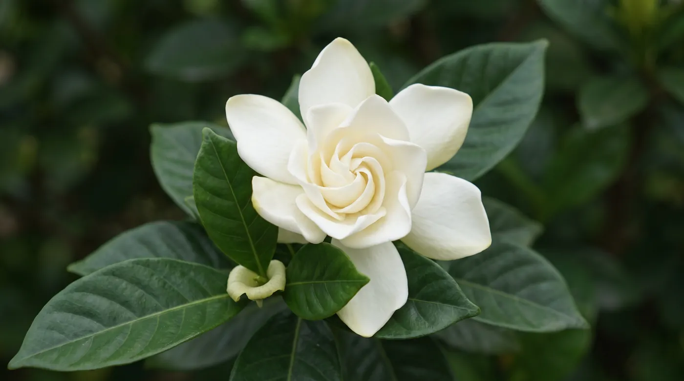 A white gardenia on dark glossy leaves