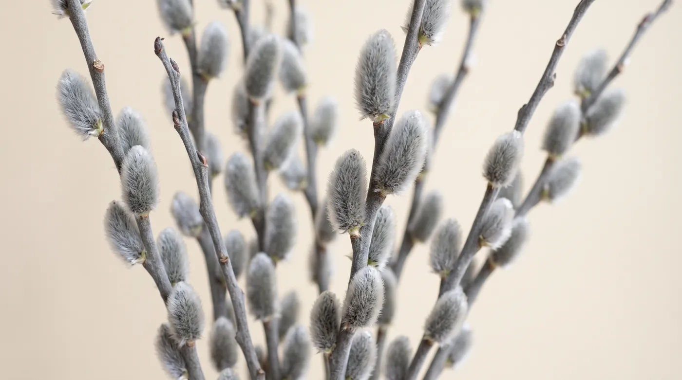 Silver pussy willow catkins on bare stems