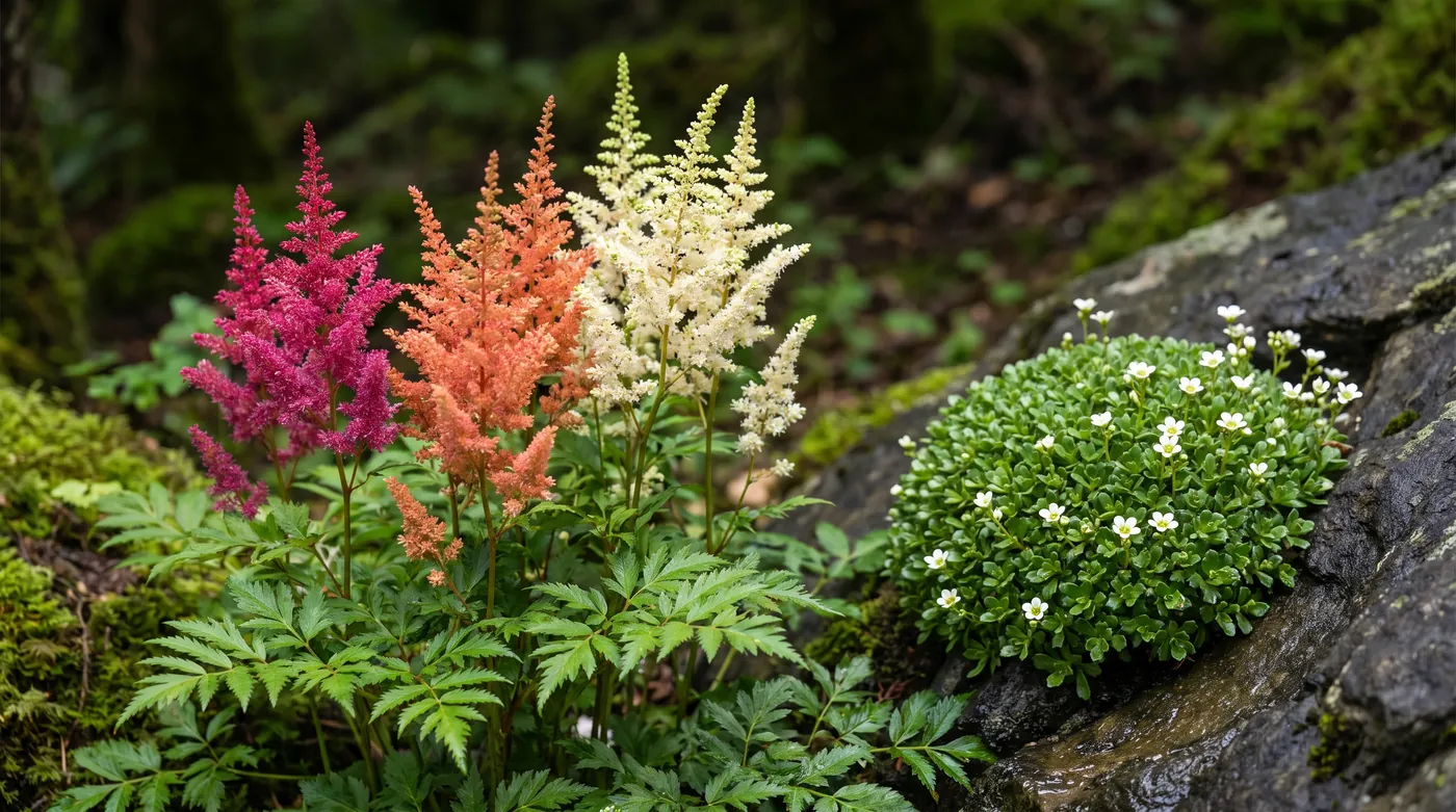Astilbe plumes with alpine saxifrage growing from rock