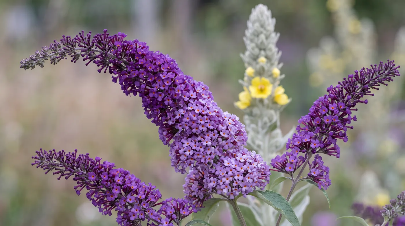 Buddleia cones of tiny orange eyed flowers, with mullein behind