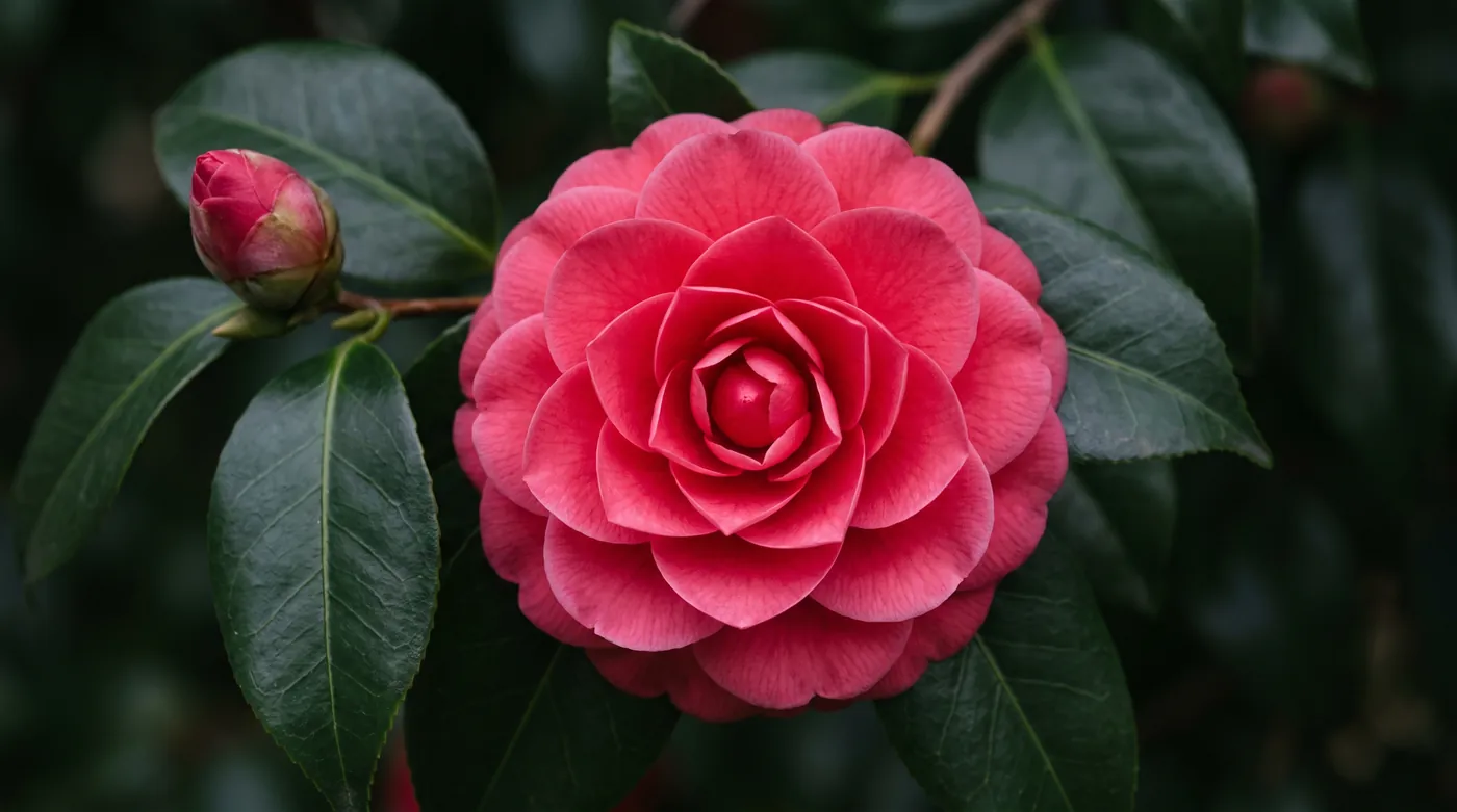 A camellia with geometric petals on dark glossy leaves